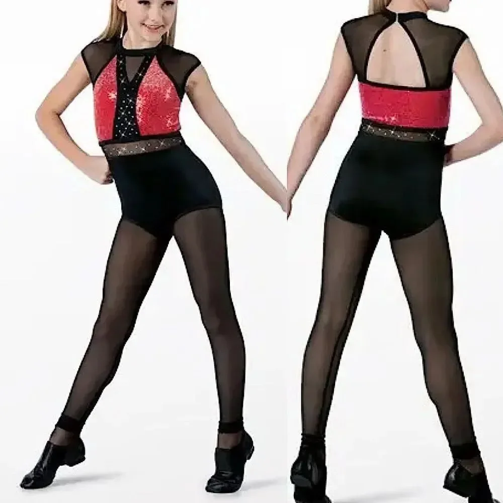WEISSMAN Dance Costume unitard black red Cold Hearted Snake rhinestone 14693 LC